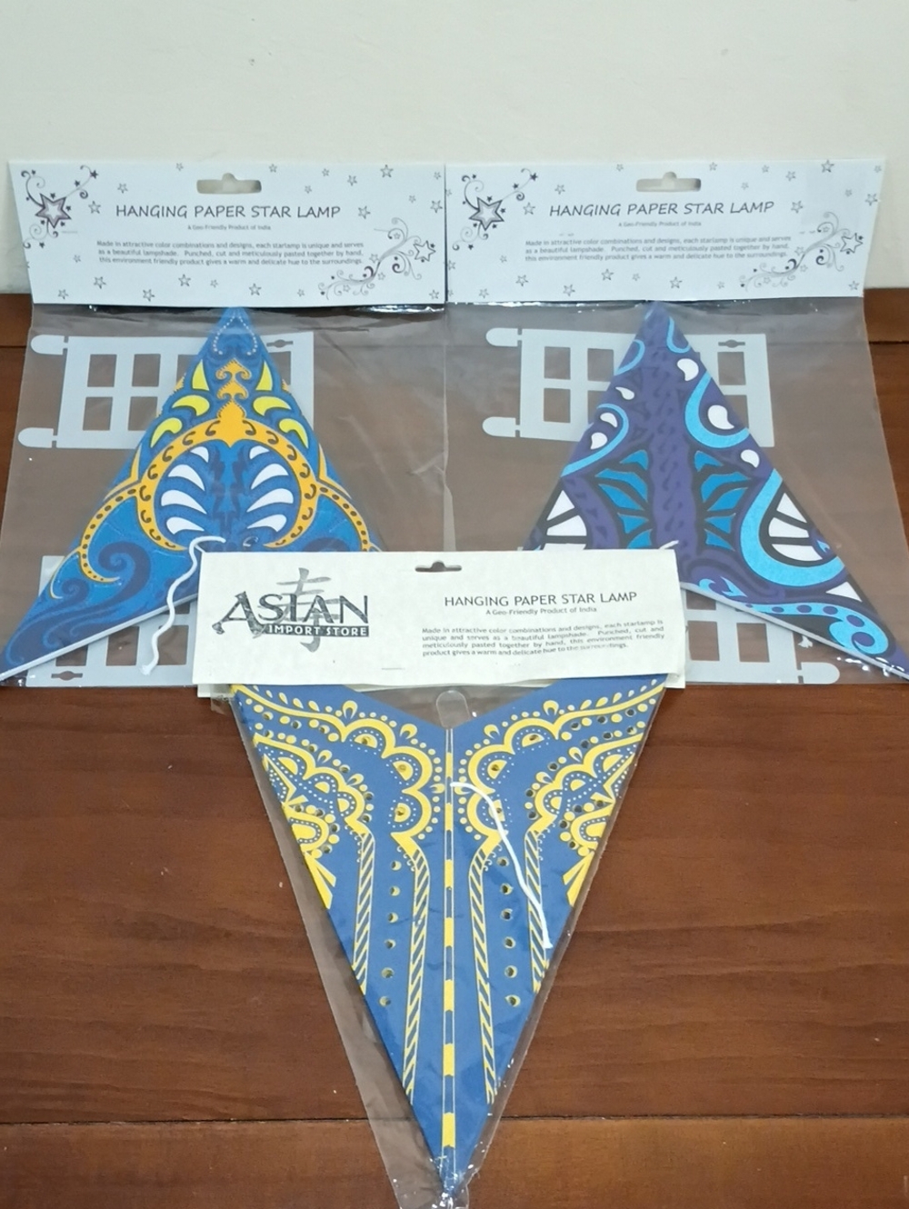 Hanging Paper Star Lamps, Blue, Set Of 3 - New!